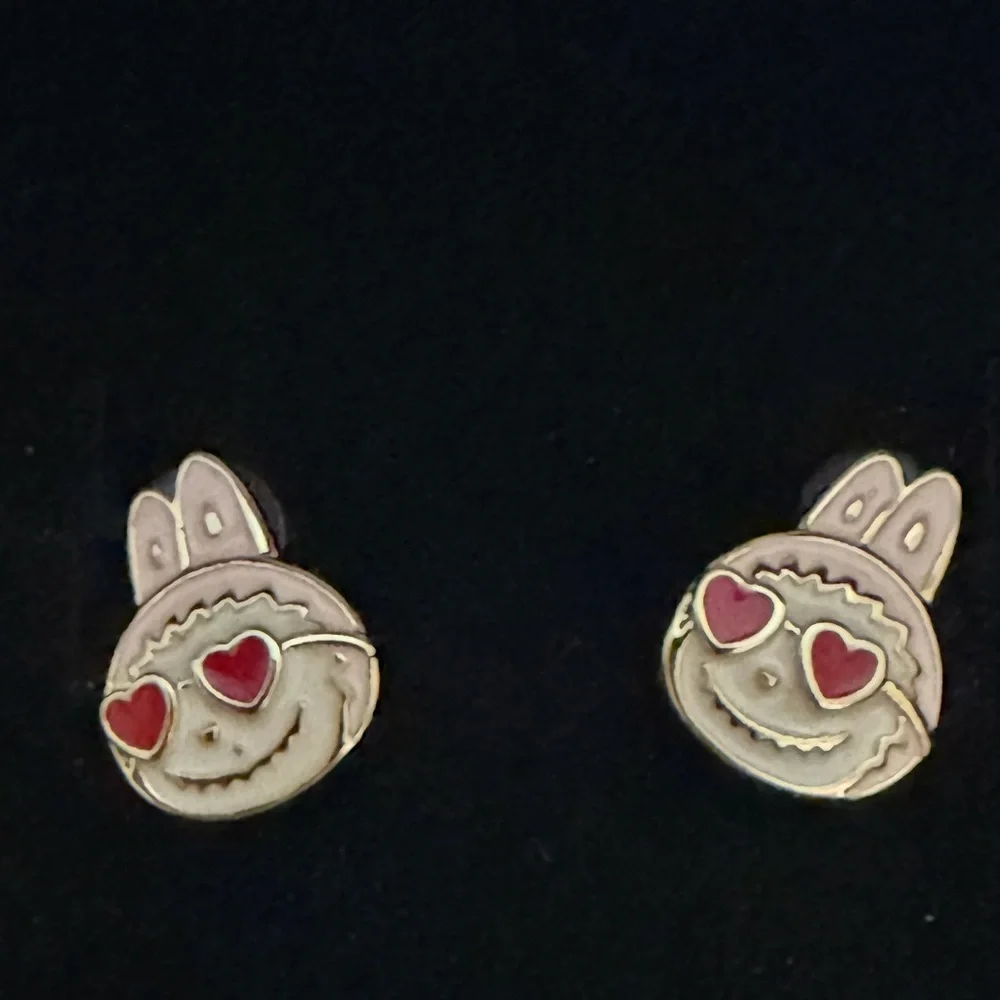 14K Gold Labubu Pink w Heart Sunnies Theme Enamel Stud Earrings Kawaii Boutique - Picture 2 of 7